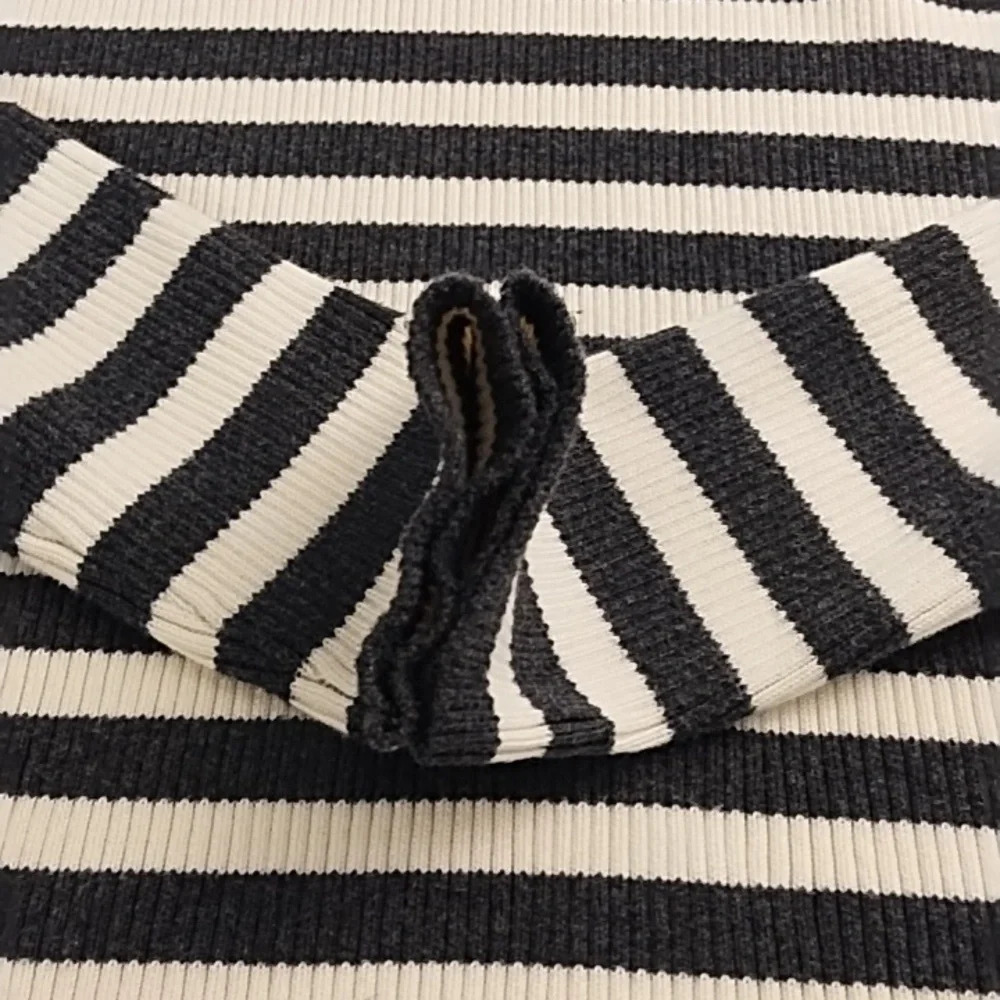 Lauren Ralph Lauren Rib Knit, Gold Button Shoulder, Gray & Cream Stripe Sweater - Picture 7 of 11
